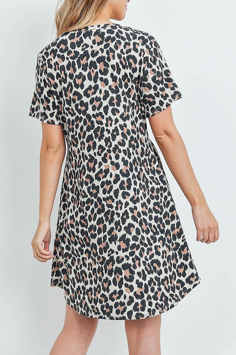 Cinch waist short sleeves on seam pocket leopard dress (DED6081)