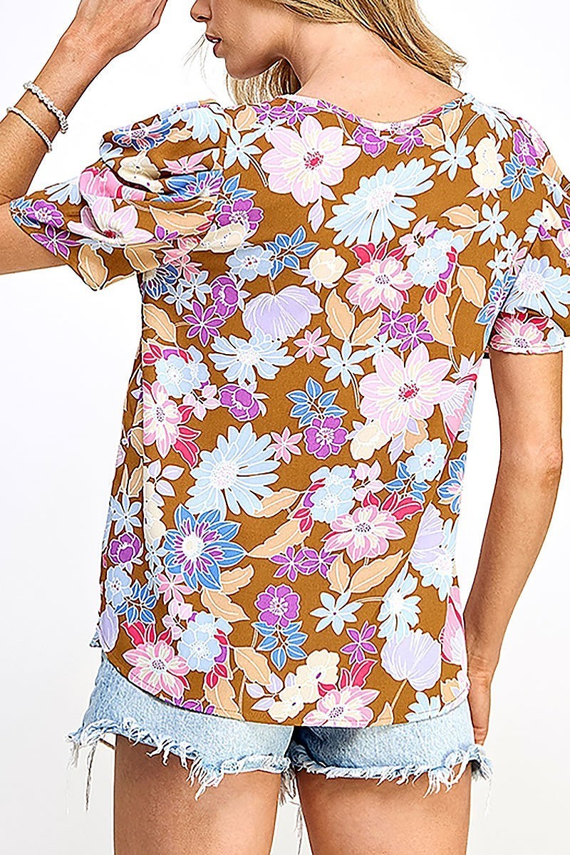 Pleated puff sleeve woven floral top (EF5827)