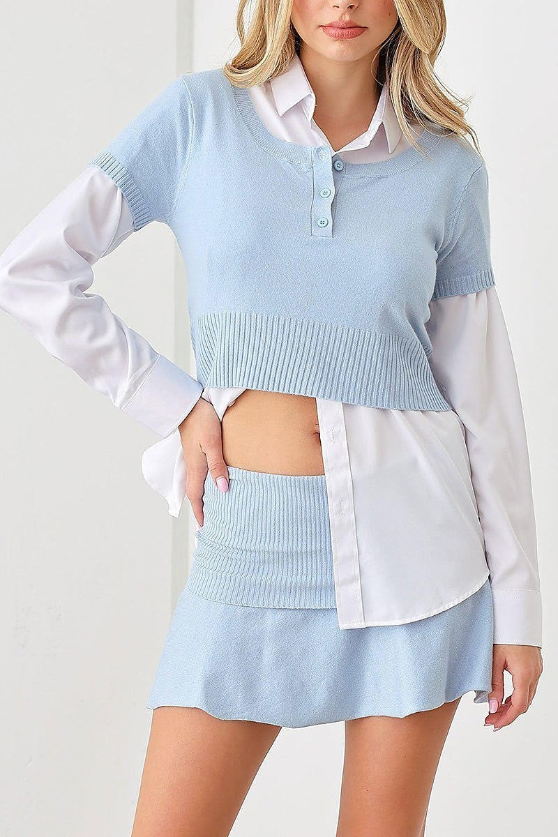 Sweater knit short sleeve crop top skirt set (TED2451)