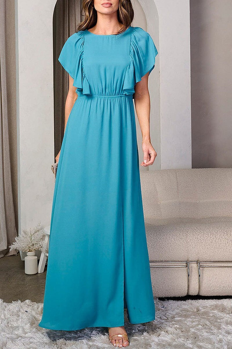 Short ruffle sleeve side slit maxi dress (EFWT8190)