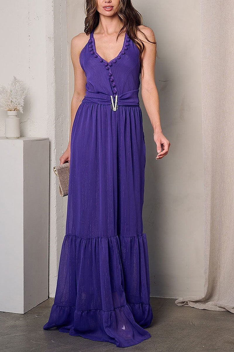 V-neck open back tiered maxi dress (EFWT2774)