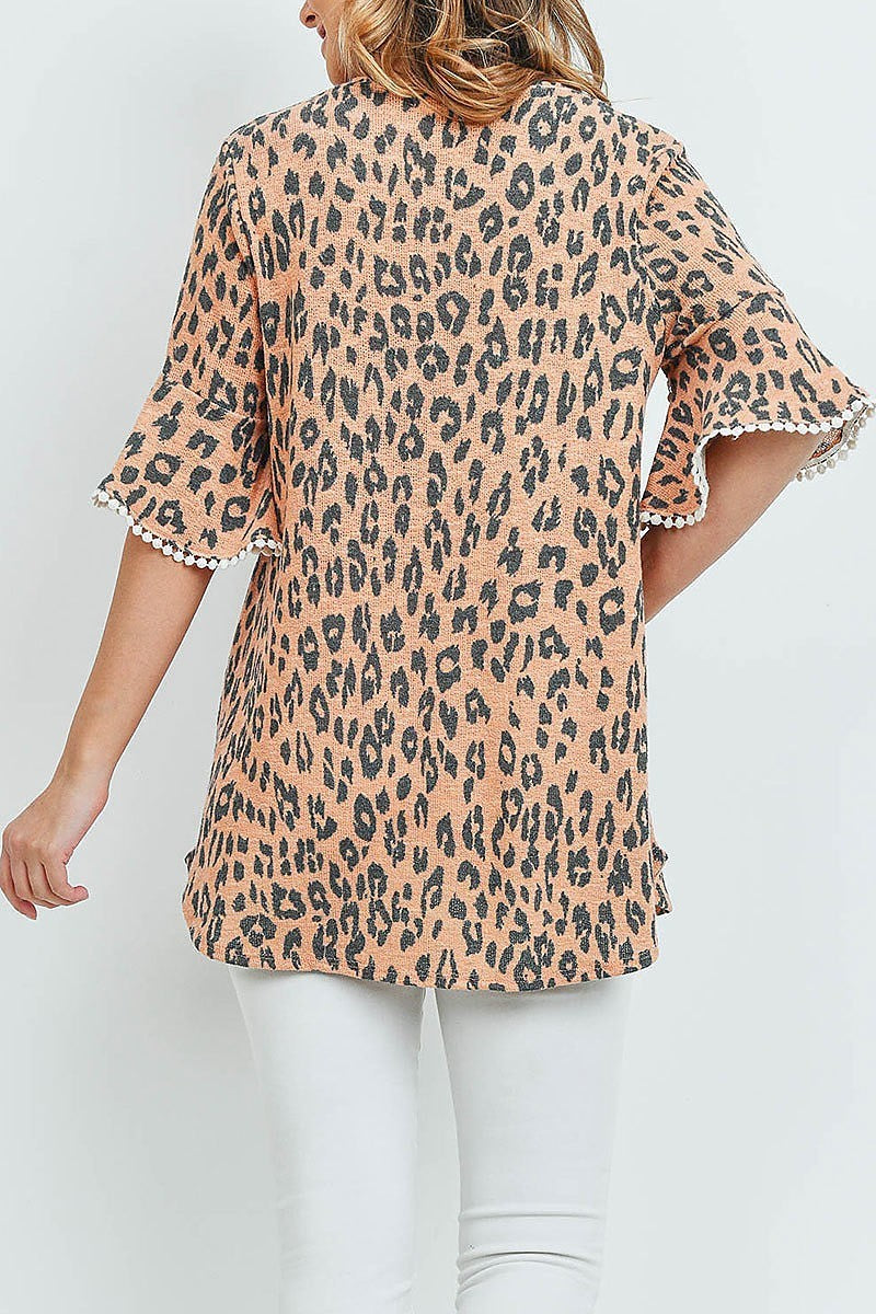 Lace detail bell sleeves leopard top (ED8809)