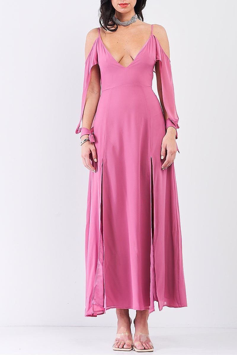 Off shoulder open tie sleeve maxi dress (TDG7989)