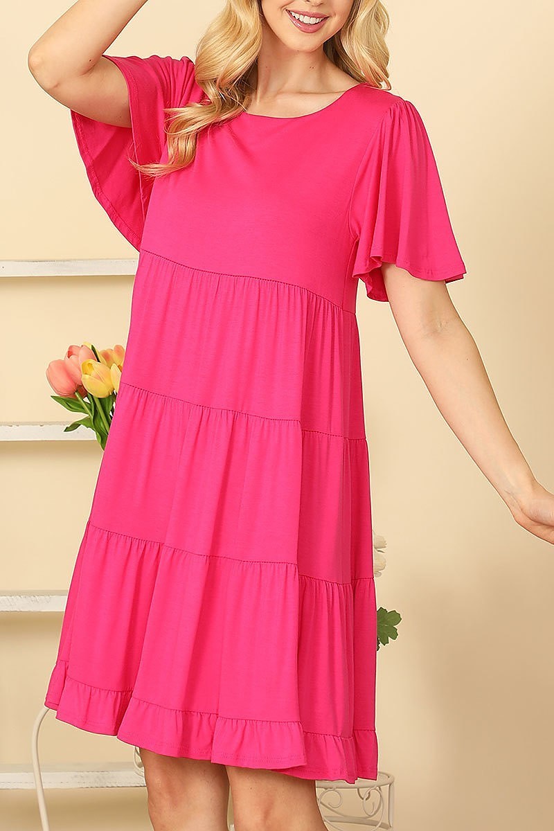 Ruffle short sleeve tiered solid dress (DED9451)