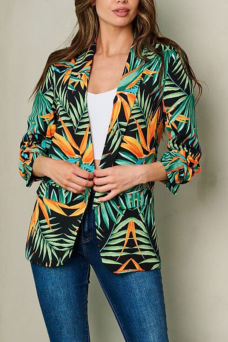 Quarter sleeve open front leaf print blazer (EFWT2829)