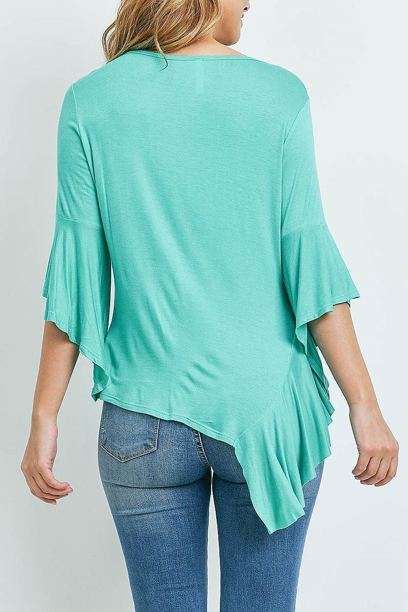 Asymmetrical ruffle detail bell sleeve top (ED9348)