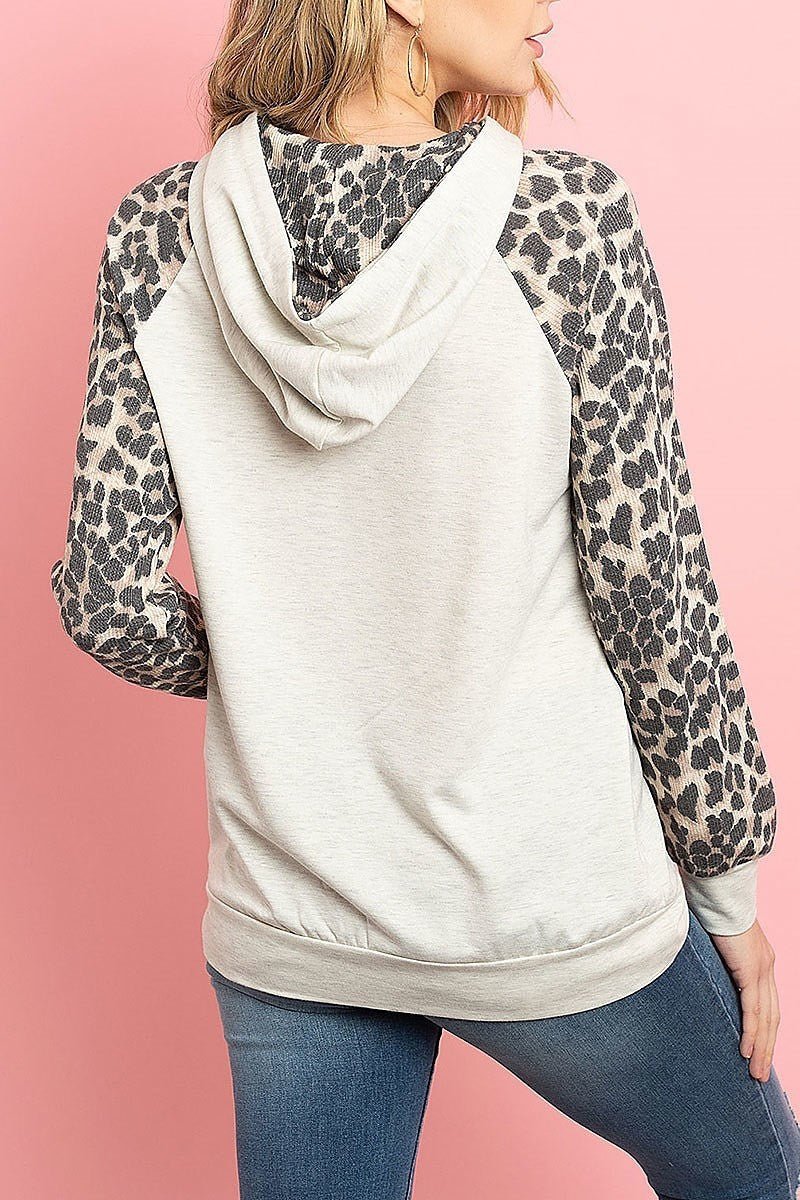 Leopard contrast kangaroo pocket hoodie with self tie (ED8349)