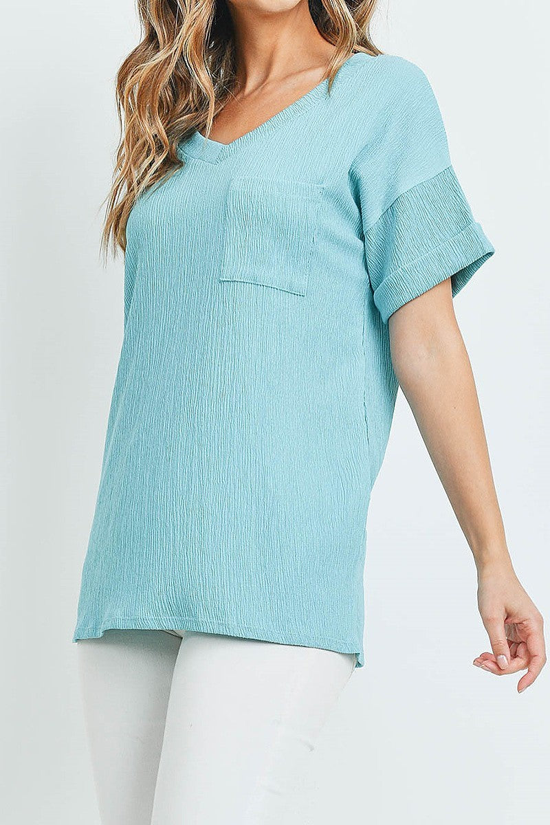 Solid v neck pocket blouse top (ED9559-4)