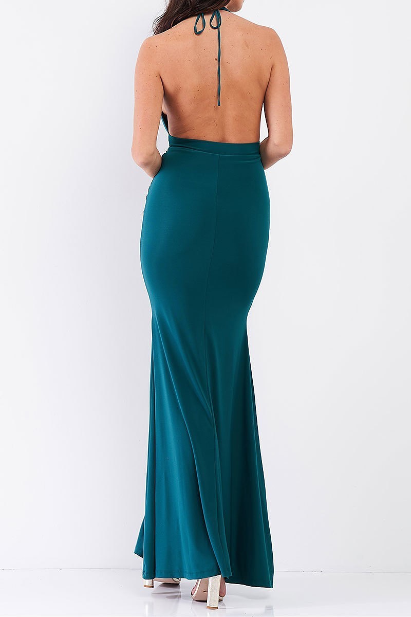 Halter neck front cutout detail ruched open back maxi dress (TDG7762-3)