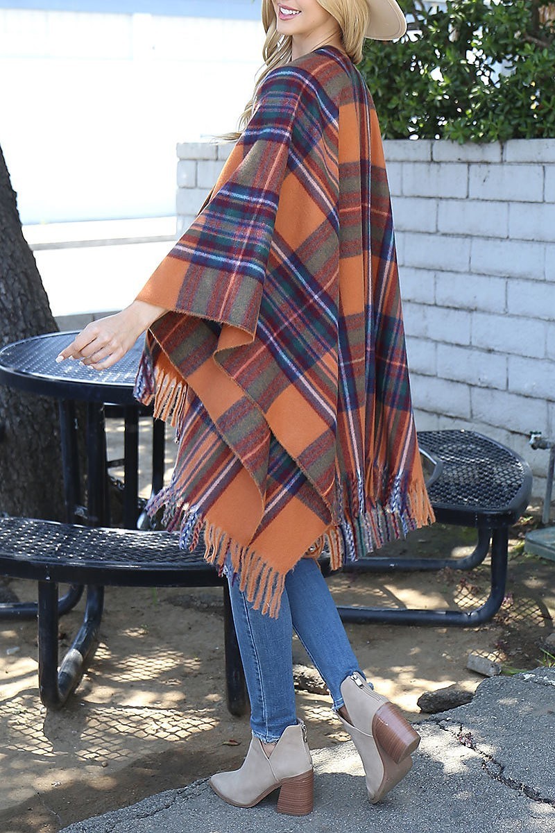 Plaid knit fringe open front kimono (DGS6072)