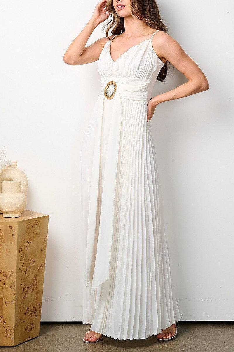 Sleeveless v-neck pleated maxi dress (EFWT7815)