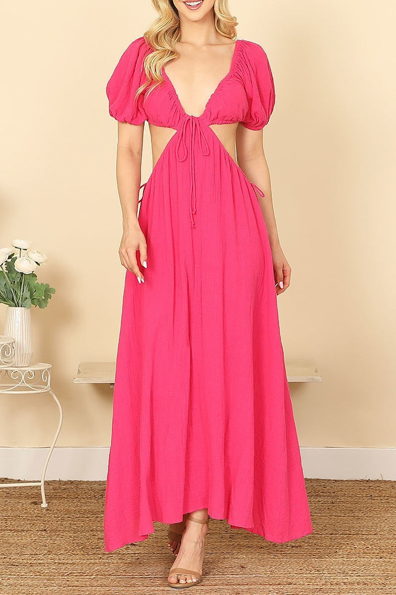 Side cut-out detail puff sleeve solid maxi dress (DED9493)