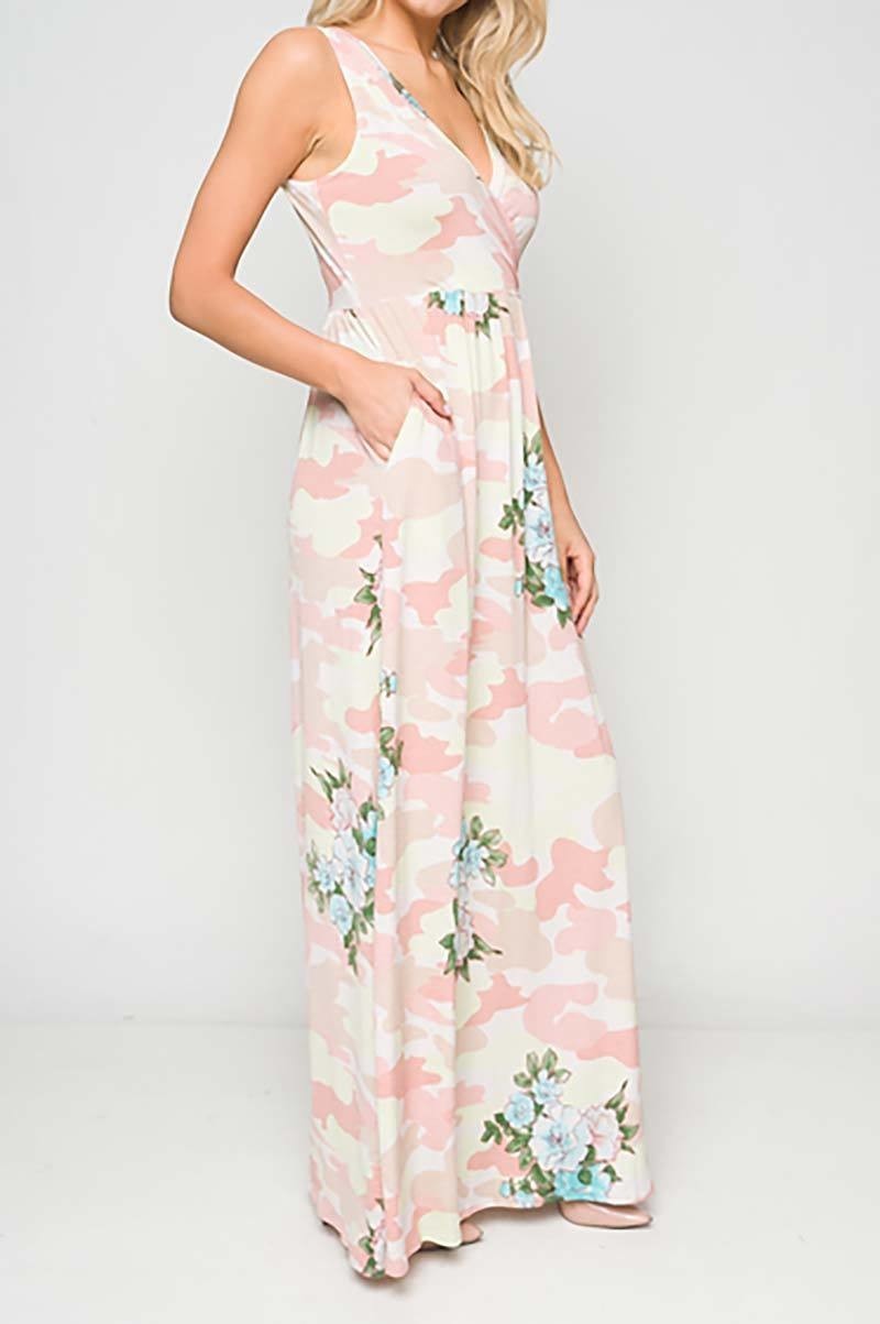 Army floral print sleeveless wrap v-neckline elastic waist maxi dress (DGC4880-LAST)