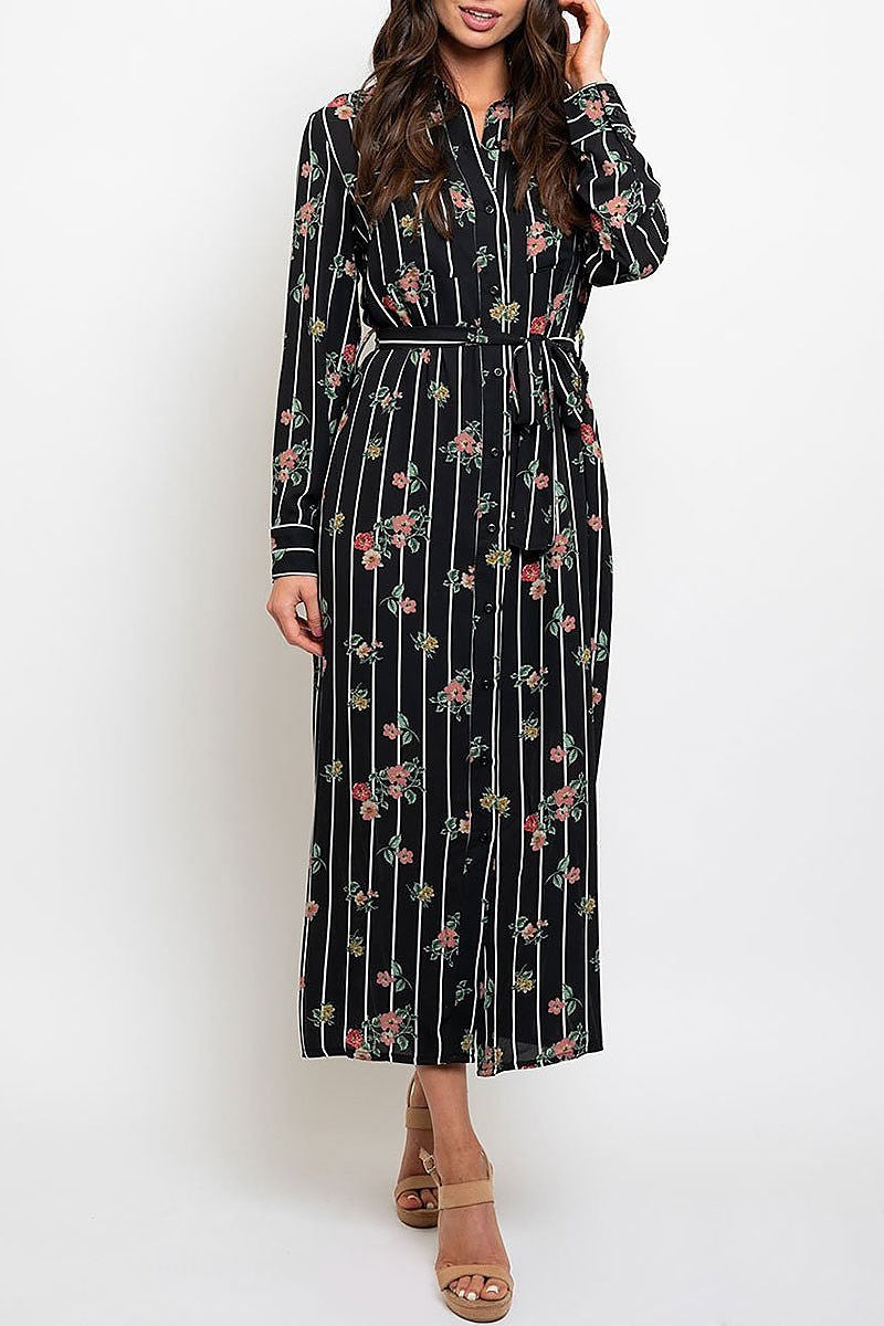 Floral stripe button front waist tie maxi dress (EDWT2246)