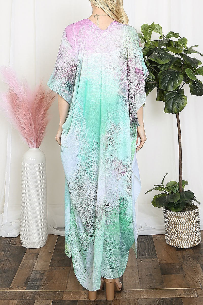 Tie dye multicolor splatter line print open front long kimono (EF5608)