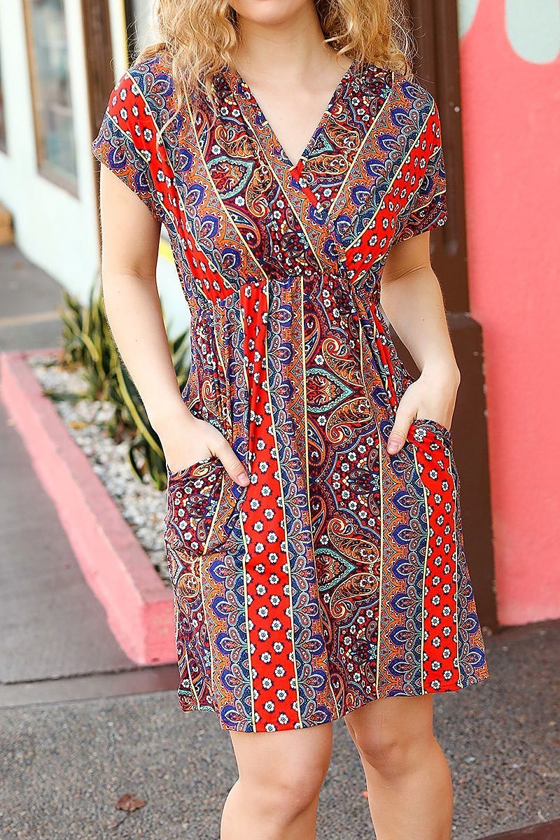 Boho paisley surplice v neck pocketed dress (ETBM4588)