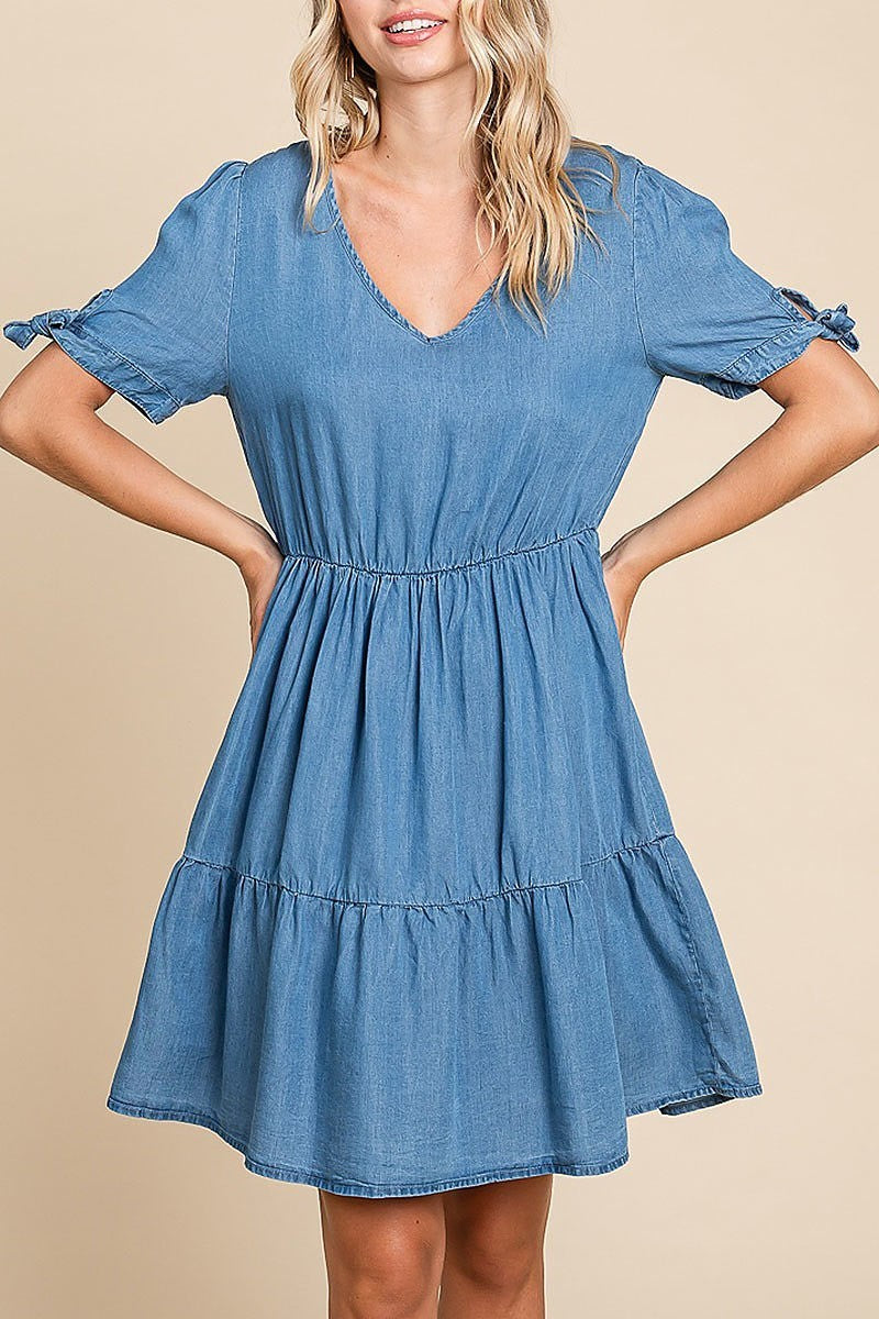 Lyocell chambray v-neck tiered mini dress (EDH1630)