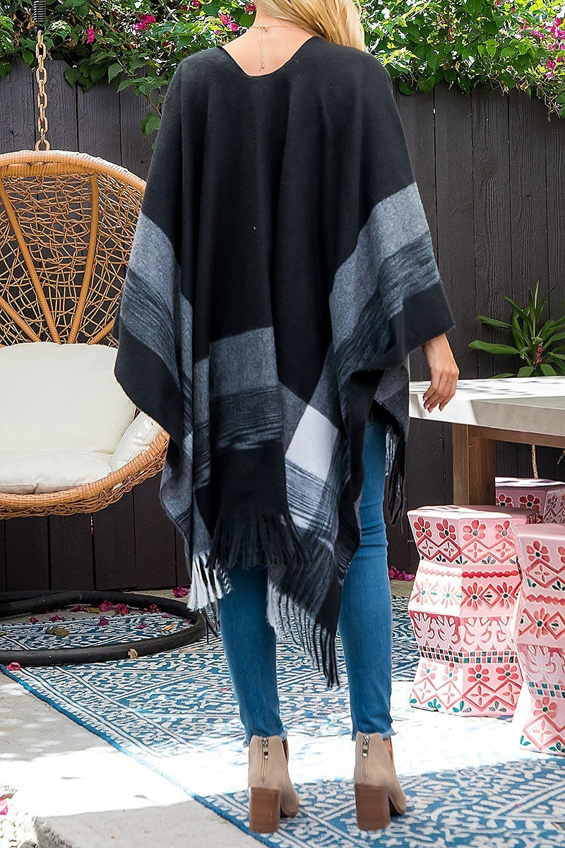 Border line fringe warmer kimono wrap (DGS5837)