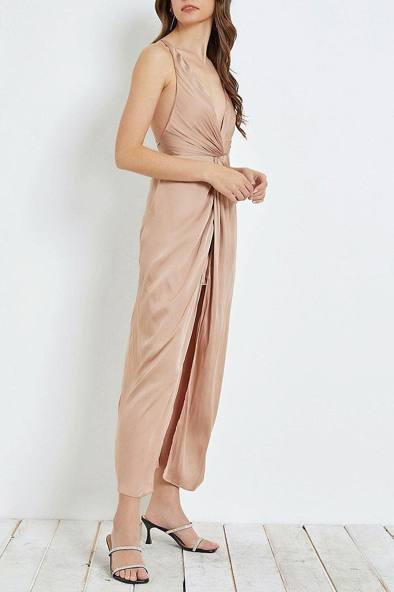 Front twist open tie back front slit dress (TED2833)