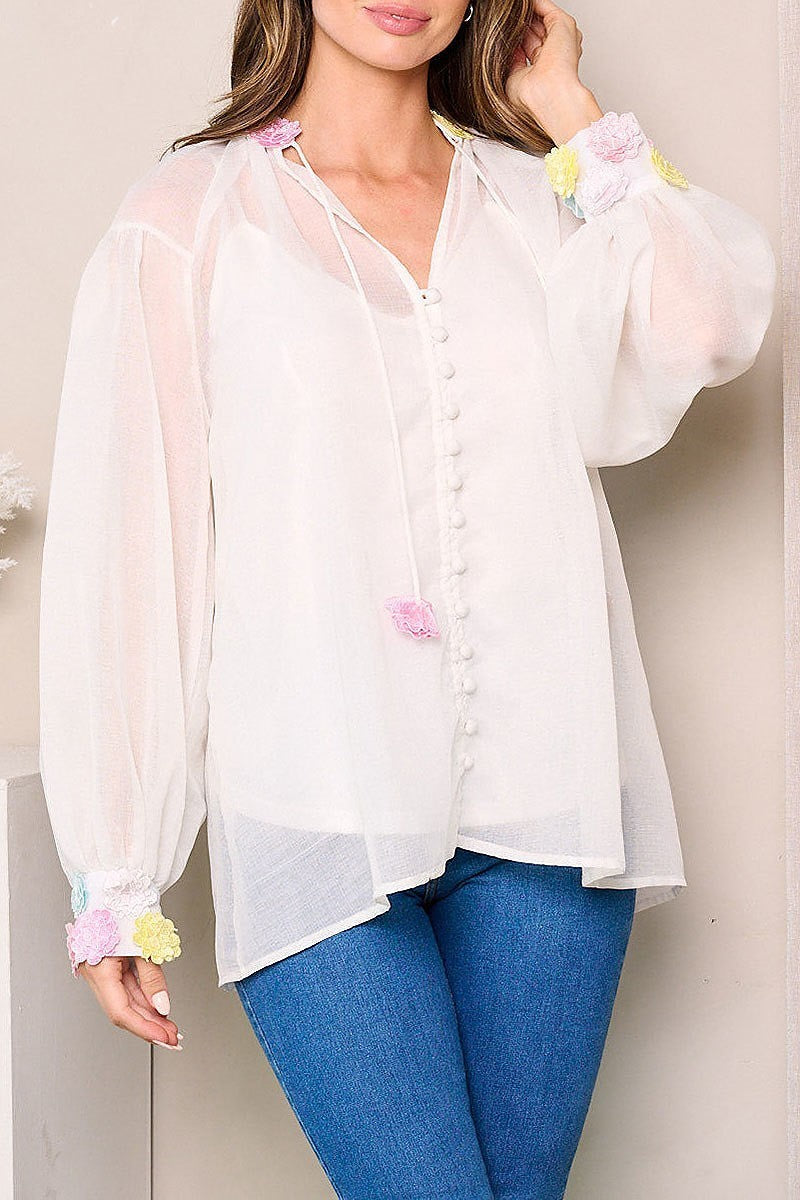 Long sleeve & tank top flower detailed blouse top (EFWT3792)