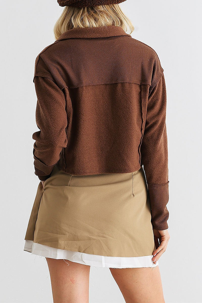 Long sleeve button up collared neck crop top (TED1991)