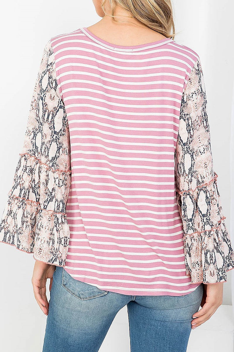 Boat neck stripe snake print bell sleeve top (EF4241)