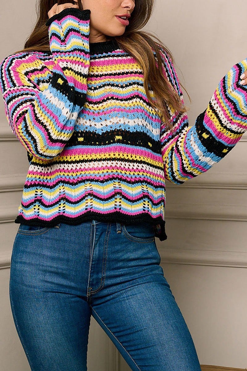 Long bell sleeve multi color stripes top (EFWT5954)