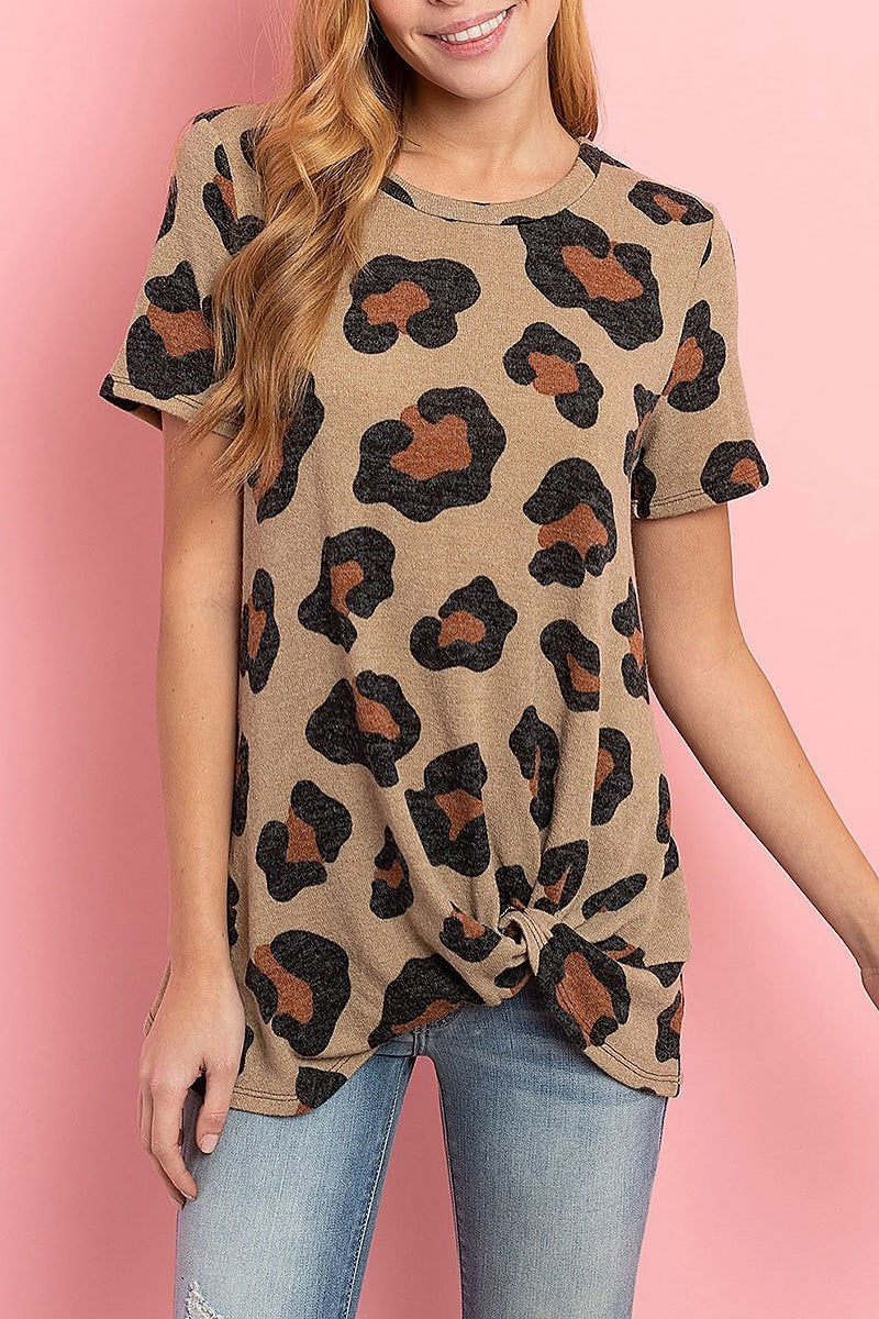 Leopard print short sleeves knot top (ED8540)