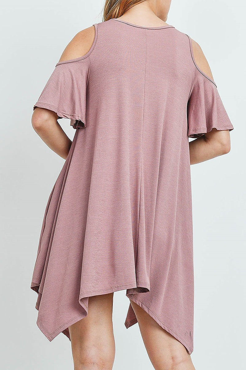 Cutout shoulder flutter sleeve shark bite hem dress (DED6052)