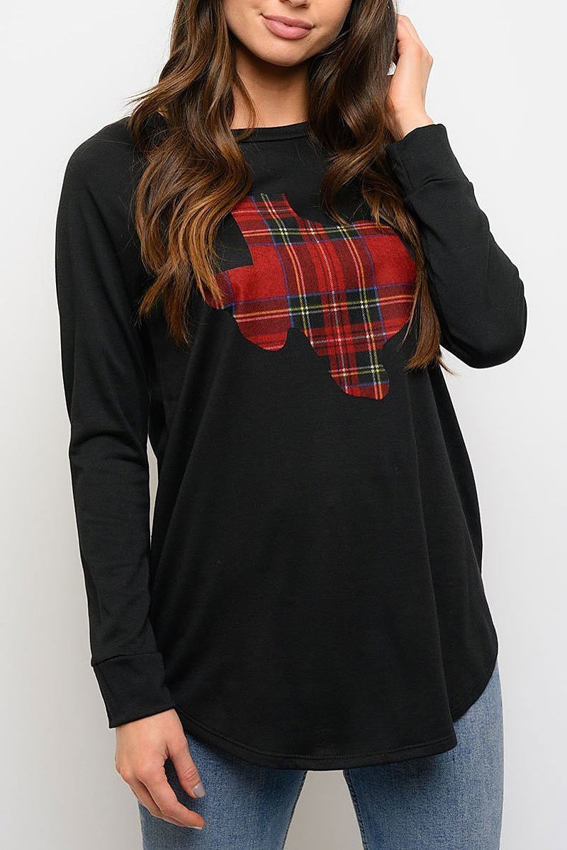 Texas plaid detail terry round neck top (EDWT3332)