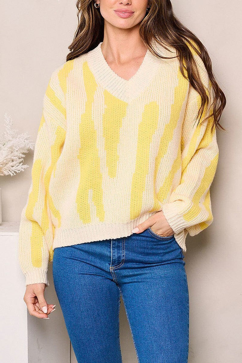 Long sleeves v-neck colorblock sweater (EFWT3861-1)