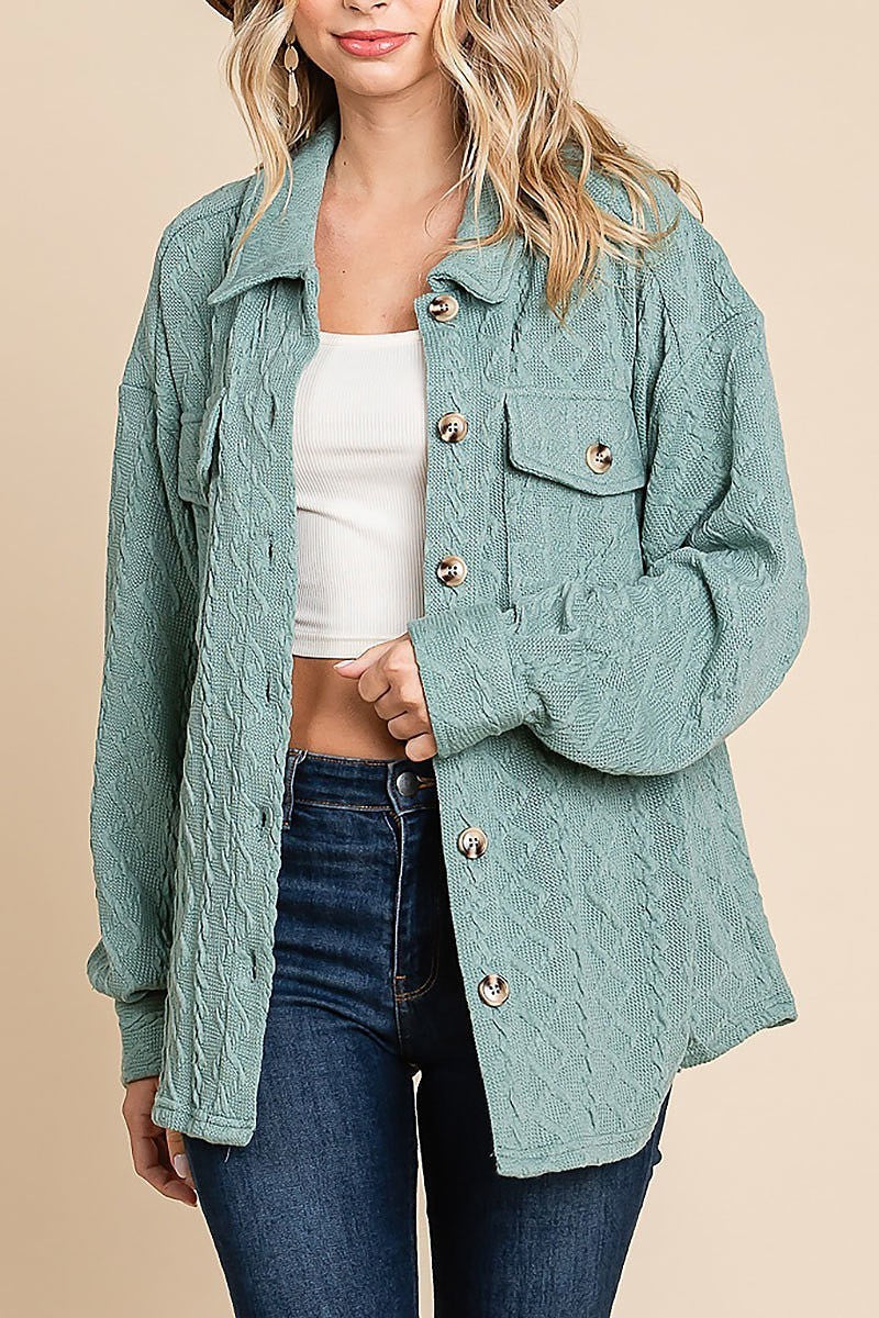 Textured cable knit collared shacket (EDH1775)