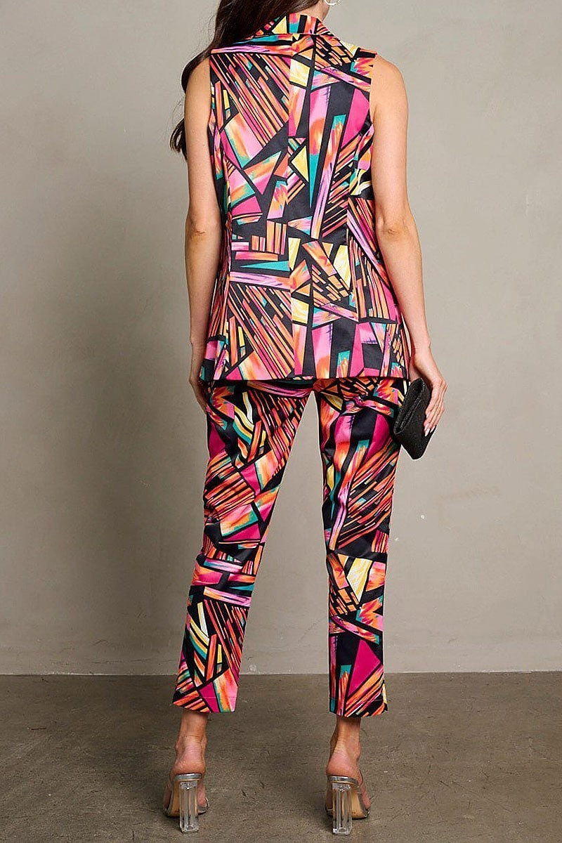 Sleeveless open front multi print vest (EGWT2142-VEST)