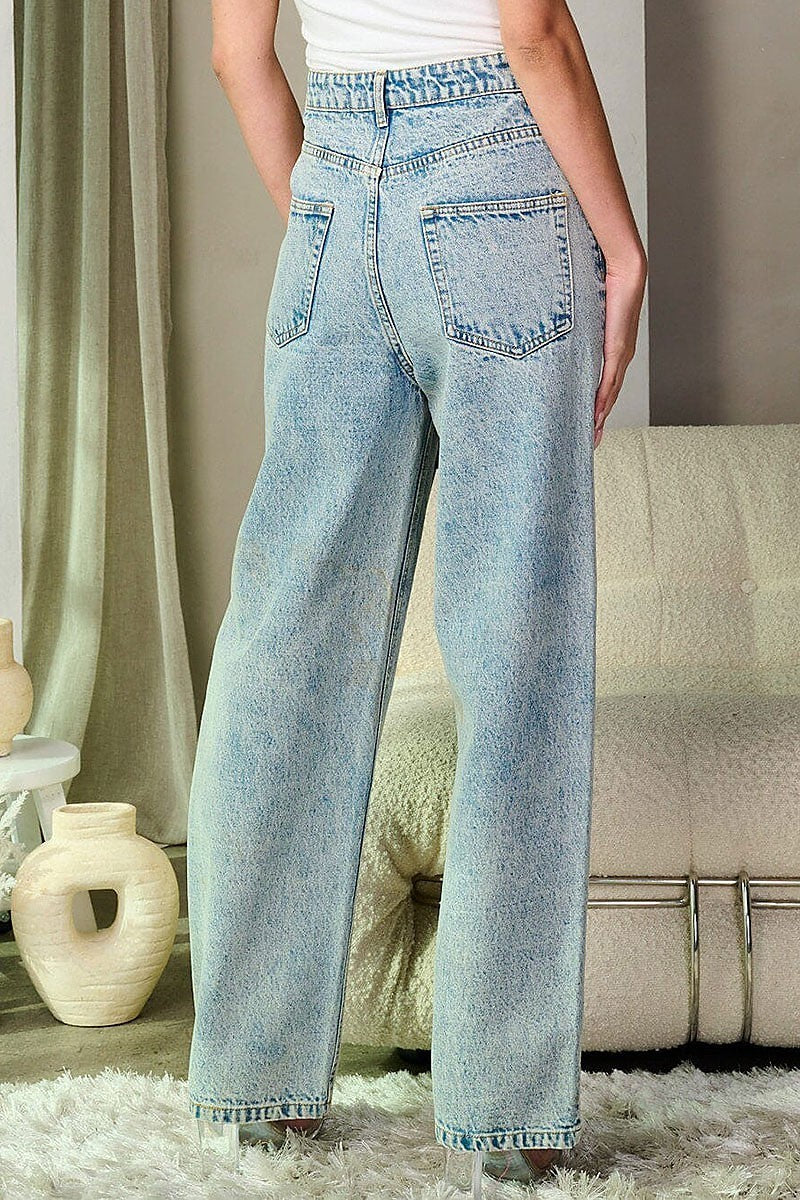 Button closure distress washed denim pants (EFWT9306-1)