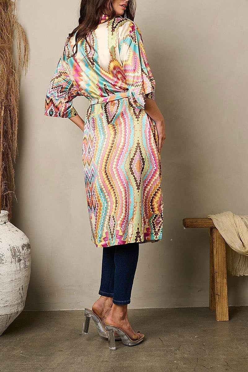 Quarter sleeve self tie multi print kimono (EFWT1760)