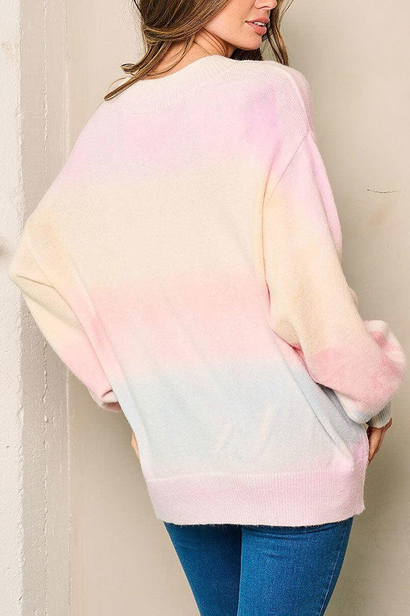 Long sleeves v-neck multi color stripes sweater (EFWT4102)