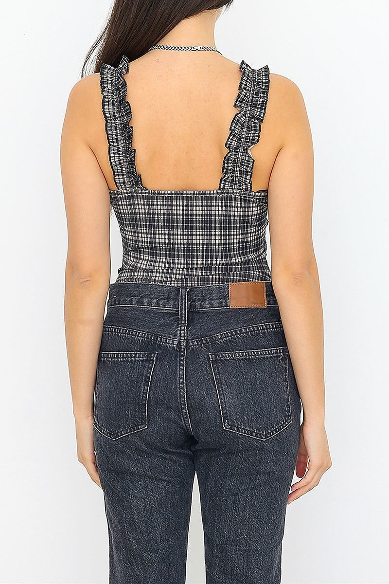 Ruffle detail strap plaid bodysuit (TED1321)