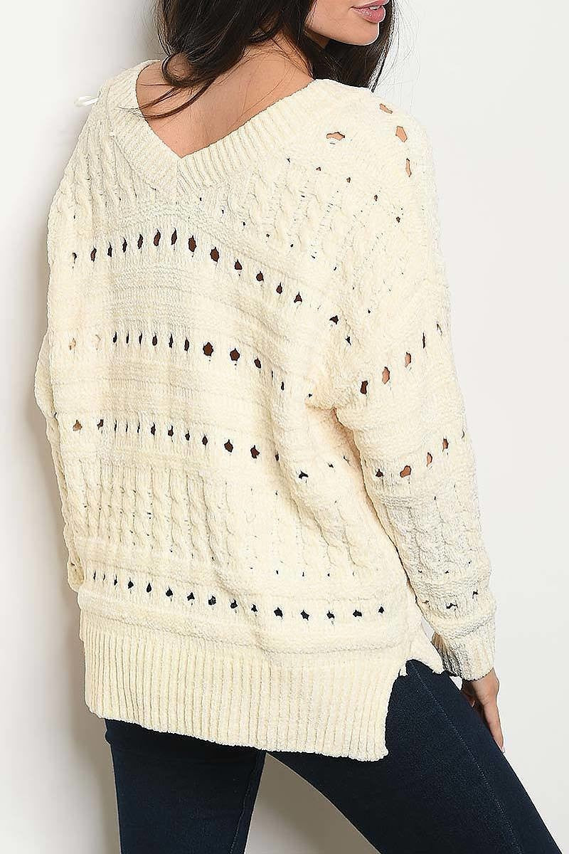 Open detail v neck chenille sweater (DGS4226-1)