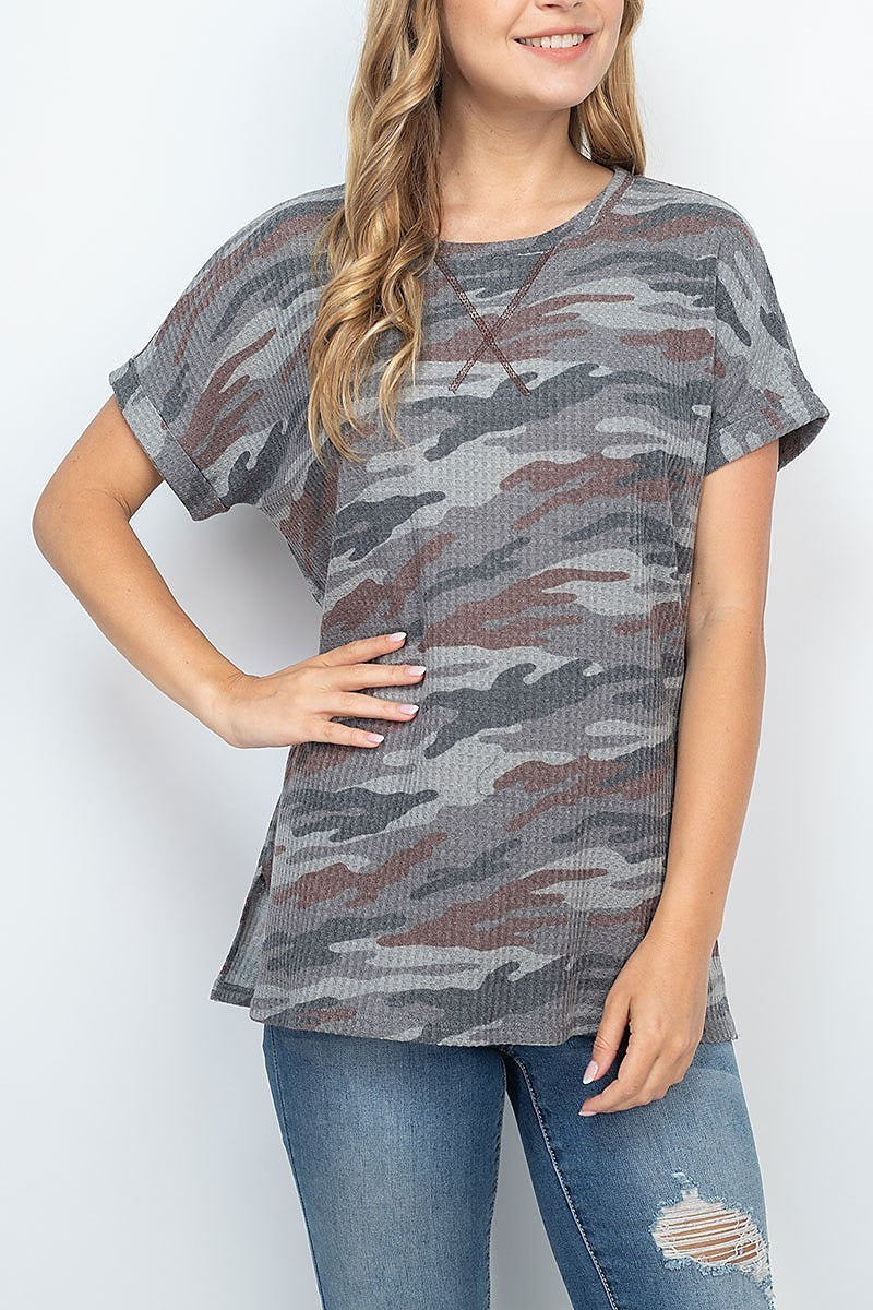 Rolled sleeve round neck waffle camo top (EF1861)