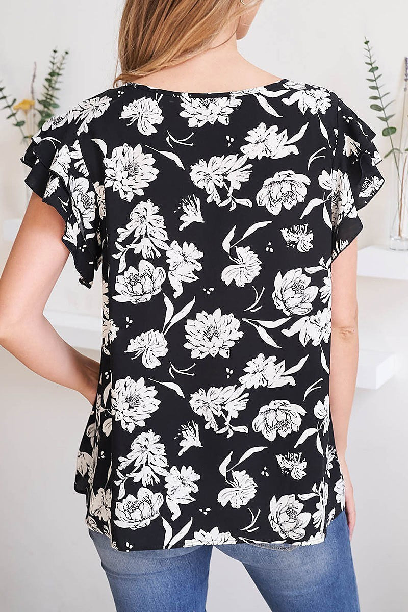 Merrow detail ruffle sleeve floral top (EF2584)