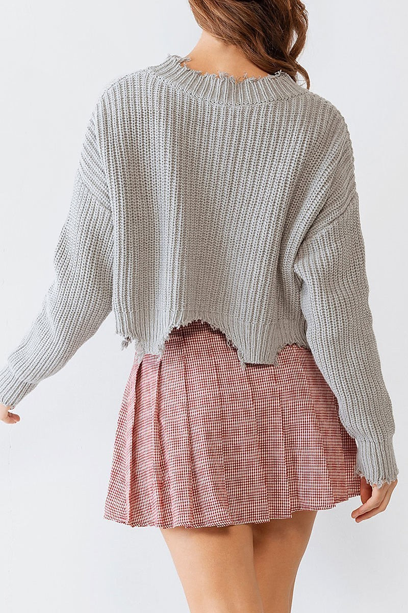 Torn edge long sleeve crop sweater (TDG9938)