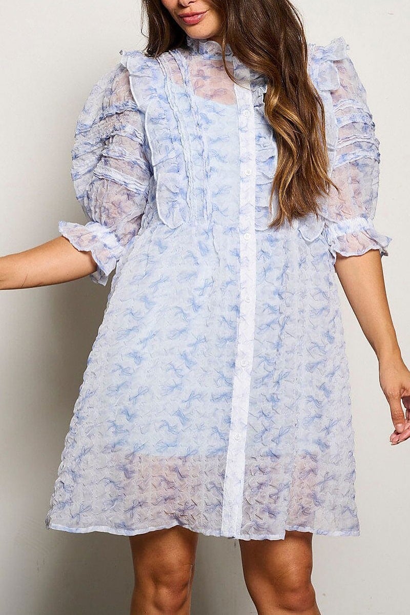 3/4 puff sleeve button up ruffle floral mini dress (EGWT1260)