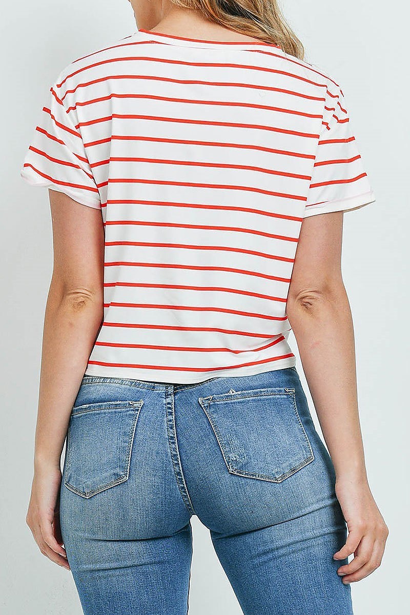 Bull head print stripe waist tie top (ED9475)