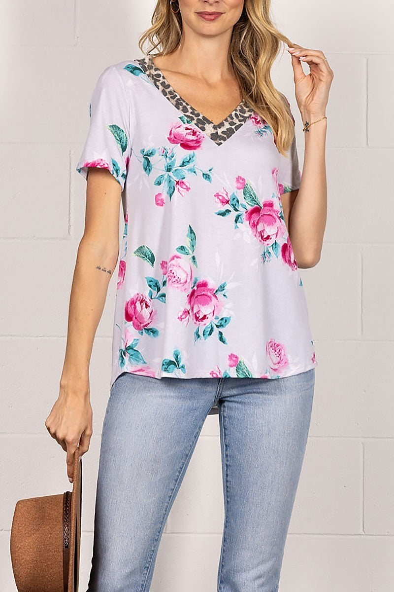 Floral and animal print short sleeves knit top (EDSW4228)