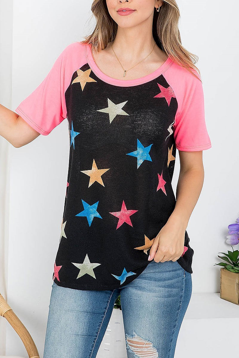 Star print scooped neckline top (EF4101)