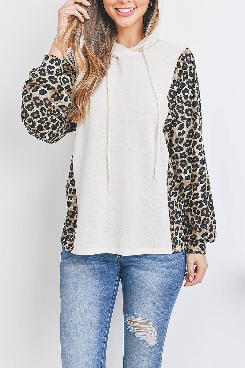 Leopard sleeve side contrast hoddie with self tie (EF2887)