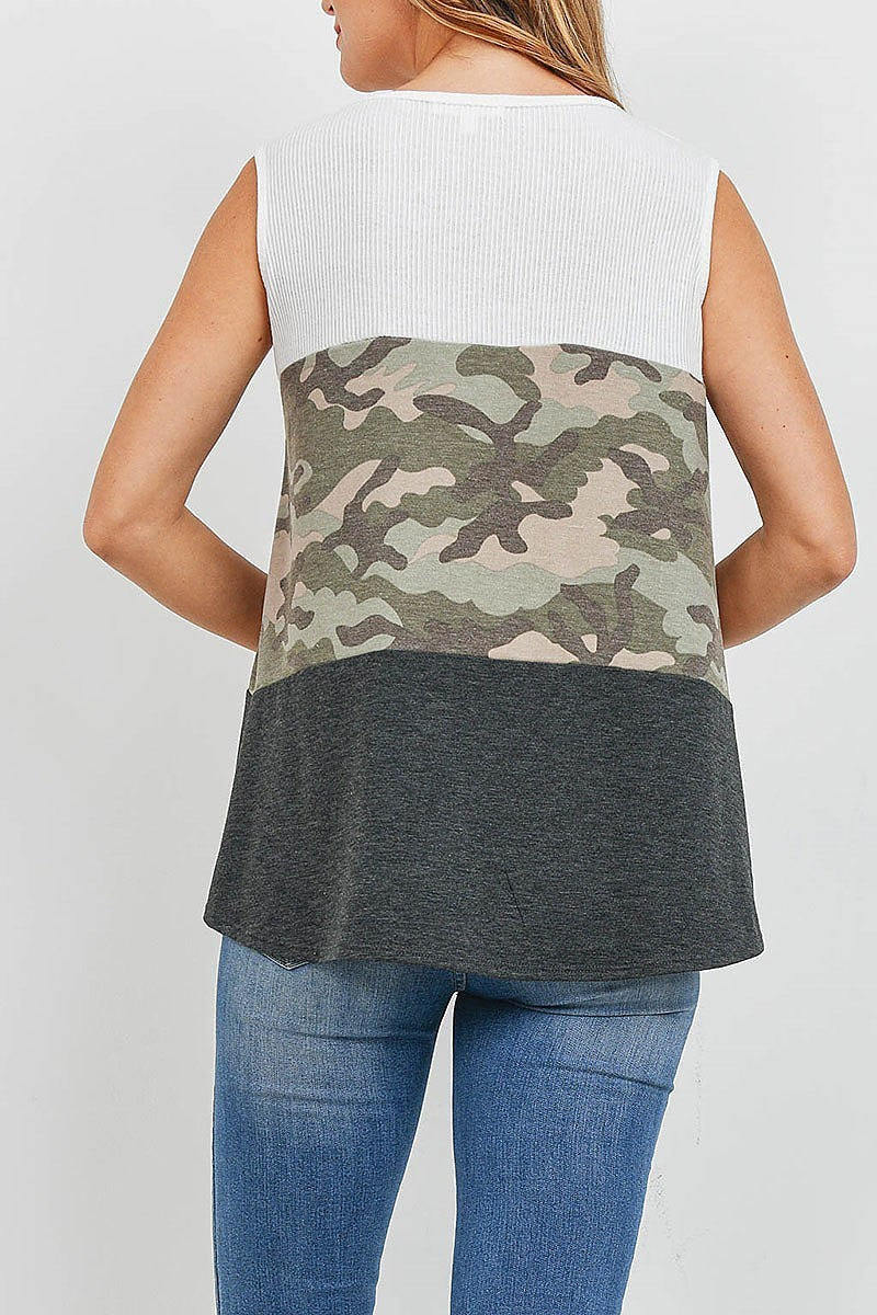 Camouflage solid rib contrast tank top (EF1030)