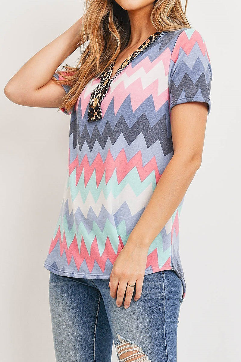 Animal chevron print color block top with button trim (ED8936-LAST)