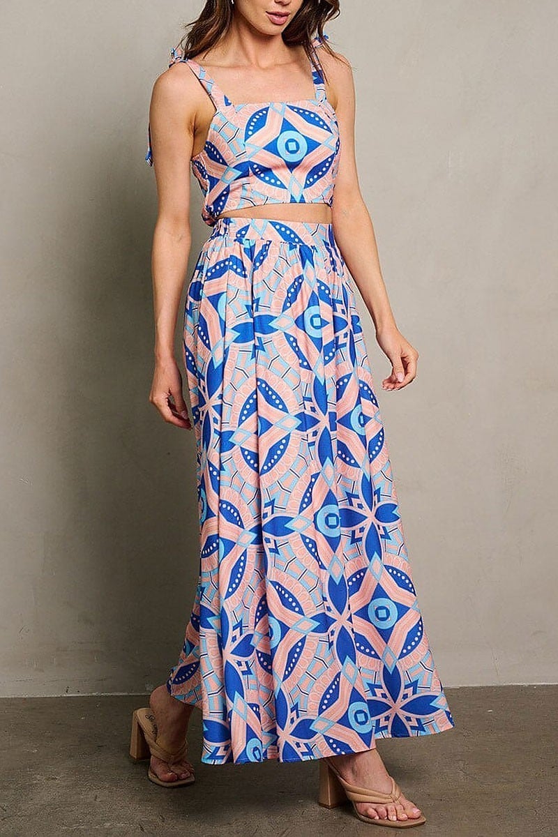 Printed top & button closure maxi skirt set (EGWT1869)