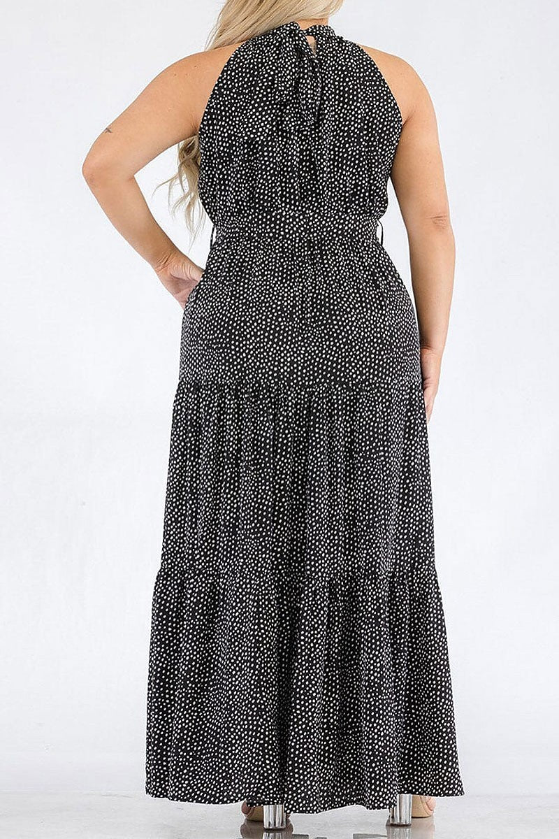 Halter neck elastic waist polka dots maxi dress (EGWT2191)